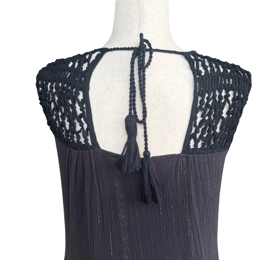 Maeve Anthropologie Black Metallic Stripe Boho Crochet Tassel Maxi Dress Small - Picture 5 of 10